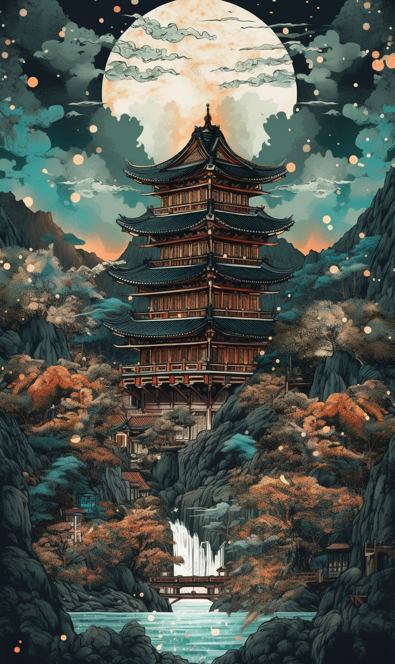 中国风月光下古楼场景插画背景,插画/手绘图,插画/手绘图库,插画/手绘图下载,插画/手绘